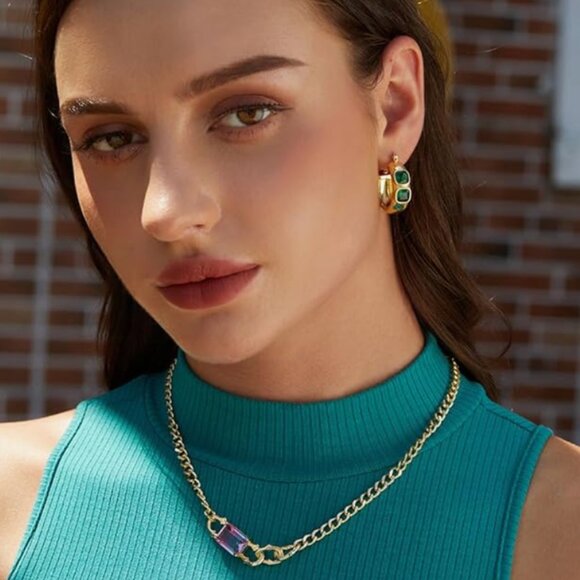 Green Lightweight 4k Gold plated Earrings Elegant Chunky Hoops - Picture 3 of 5